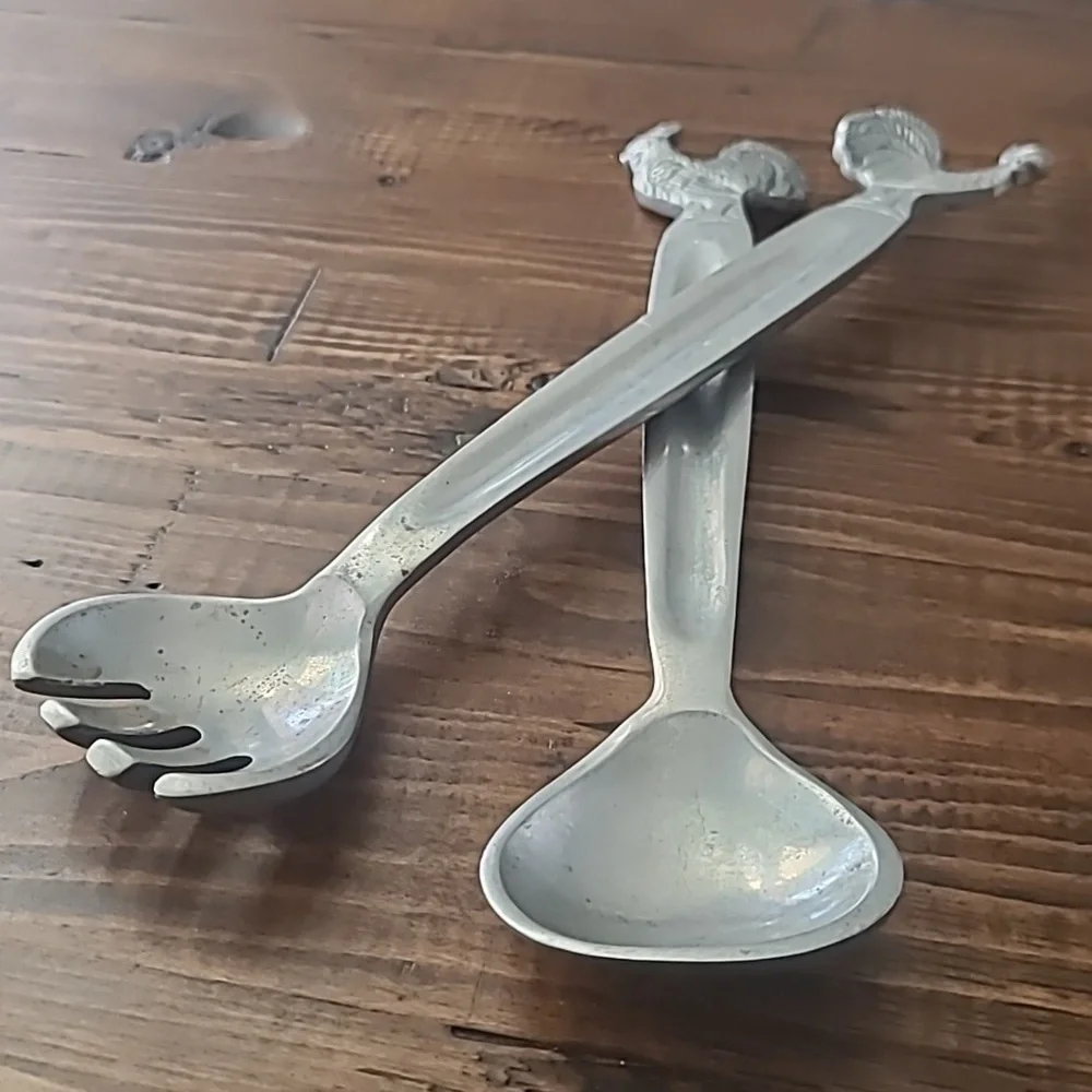 Pewter Silver Rooster Handle Salad Servers
